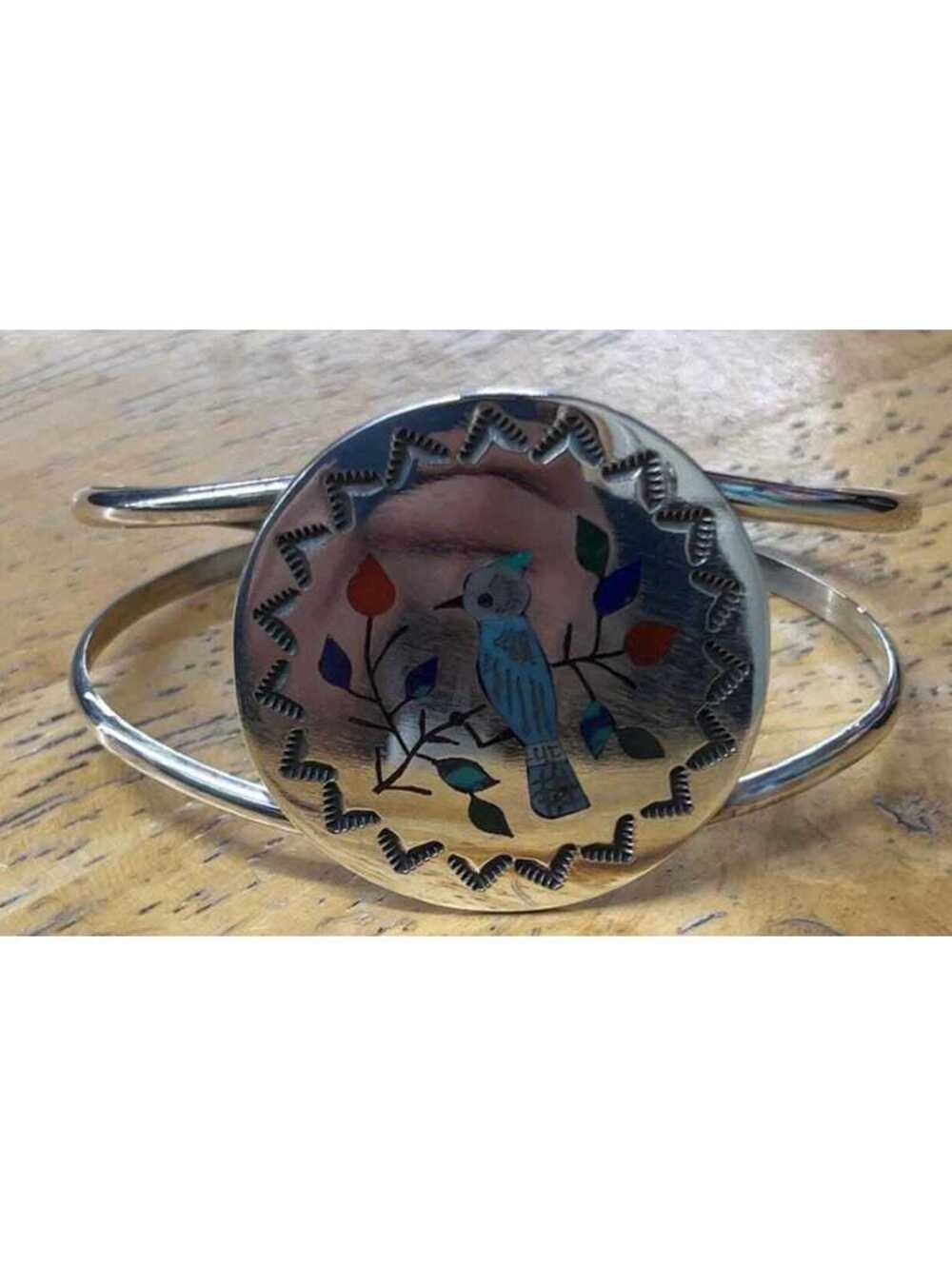 Zuni turquoise inlay sterling silver blue jay bracelet/Cuff -Raymond Boyd